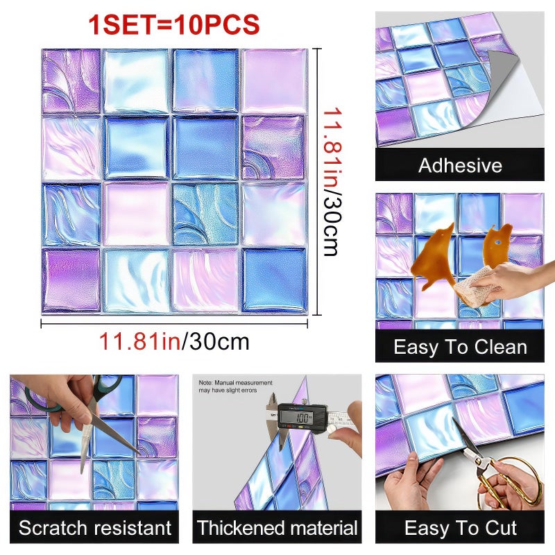 HOMETITUTE 10PCS 12x12 Inch Iridescent Blue Purple Mosaic Glass Look Floor Tiles Peel and Stick Removable Self Adhesive DIY Vinyl Flooring Stickers for Kitchen Bathroom Living Room Entryway Home Decor - Image 3
