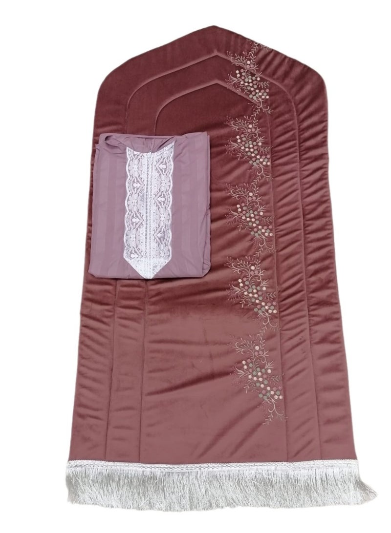 مجموعة هدايا رمضان طقم صلاة نسائي سجادة مطرز مع شرشف صلاة لبس بسحاب وطرحة متصلة - Image 1