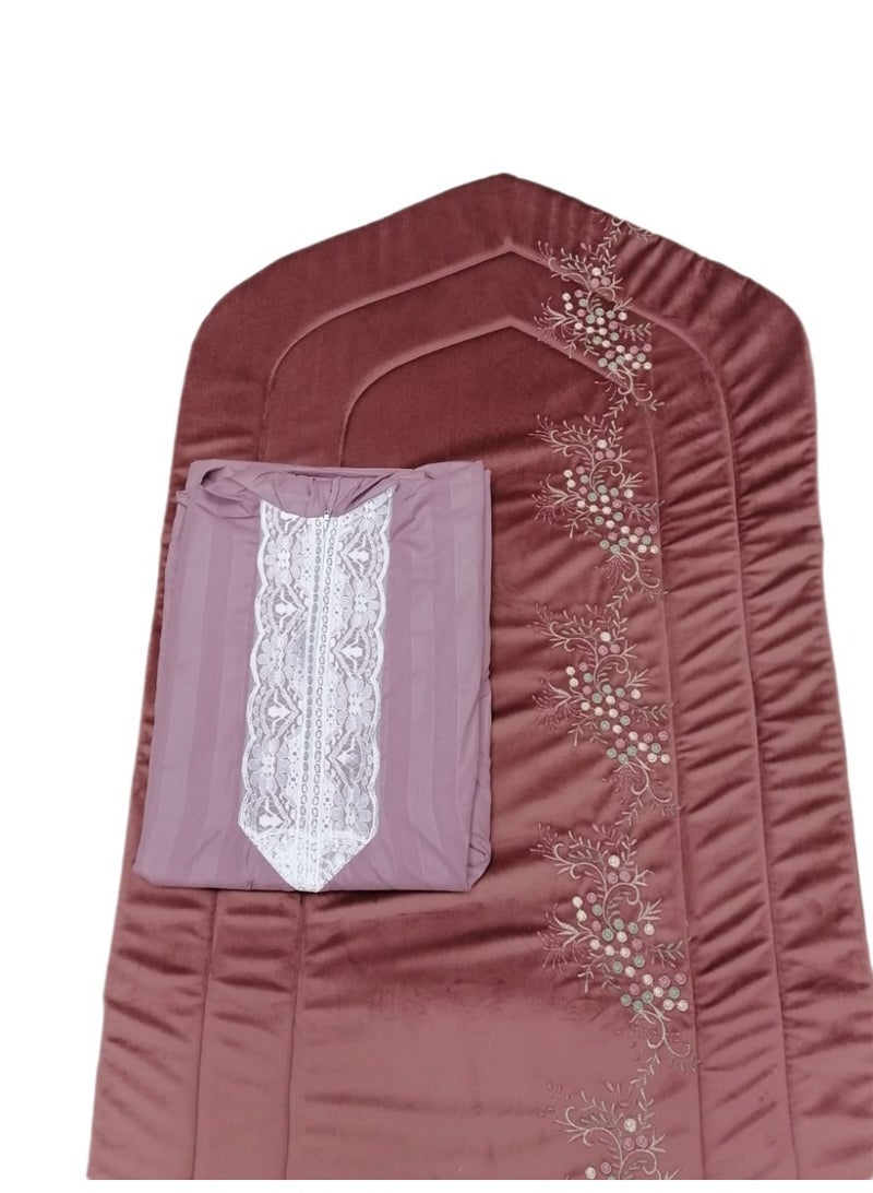 مجموعة هدايا رمضان طقم صلاة نسائي سجادة مطرز مع شرشف صلاة لبس بسحاب وطرحة متصلة - Image 2