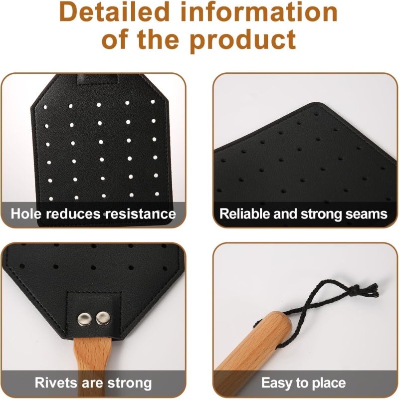 Fly Swatter 2 Pack Black Brown Durable Leather Material - Comfortable Rounded Grip Long 49.5cm Wood Handle Insect Swatter for Indoor Outdoor Home Use - Image 4