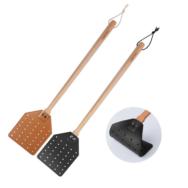 Fly Swatter 2 Pack Black Brown Durable Leather Material - Comfortable Rounded Grip Long 49.5cm Wood Handle Insect Swatter for Indoor Outdoor Home Use - Image 1