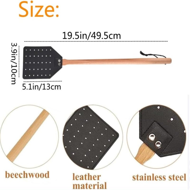 Fly Swatter 2 Pack Black Brown Durable Leather Material - Comfortable Rounded Grip Long 49.5cm Wood Handle Insect Swatter for Indoor Outdoor Home Use - Image 2
