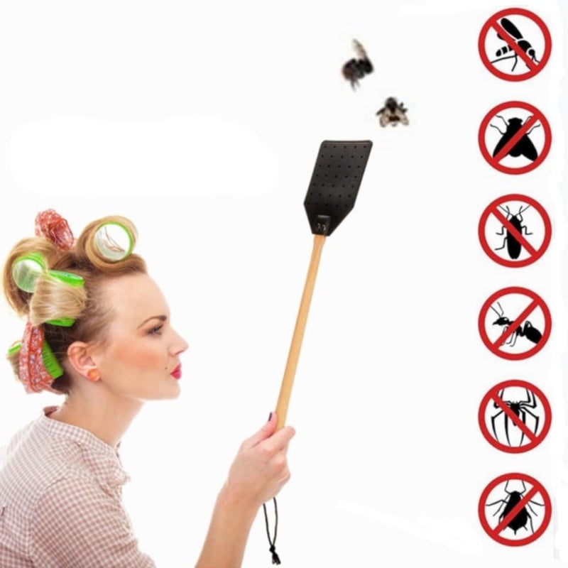 Fly Swatter 2 Pack Black Brown Durable Leather Material - Comfortable Rounded Grip Long 49.5cm Wood Handle Insect Swatter for Indoor Outdoor Home Use - Image 3