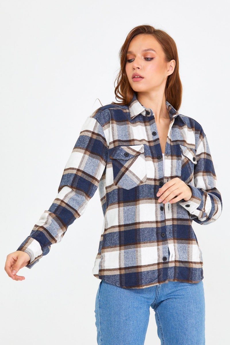 Tarz Cool Style Cool Blue-Brown Women's Slim Fit Button-Up Collar Double Pocket Lumberjack Plaid Shirt  - Image 1