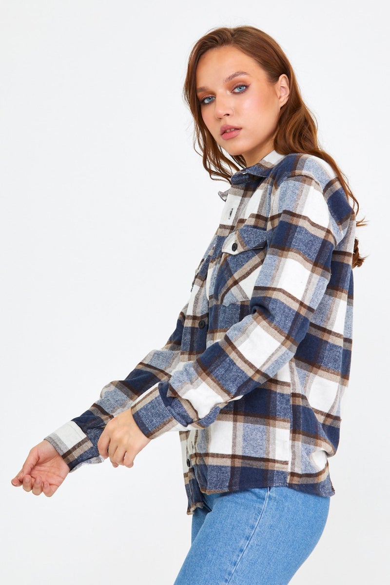 Tarz Cool Style Cool Blue-Brown Women's Slim Fit Button-Up Collar Double Pocket Lumberjack Plaid Shirt  - Image 5