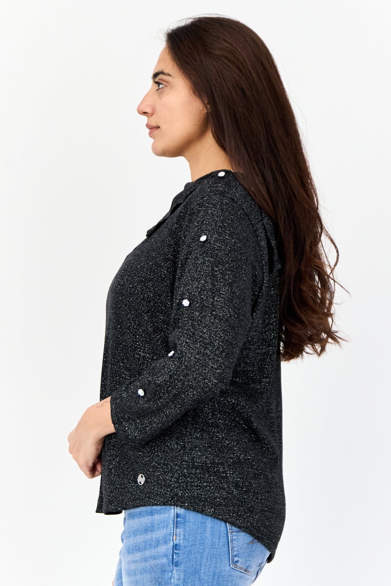 ADRIENNE VITTADINI Women Cowl Neck Long Sleeves Metallic Top, Black - Image 2