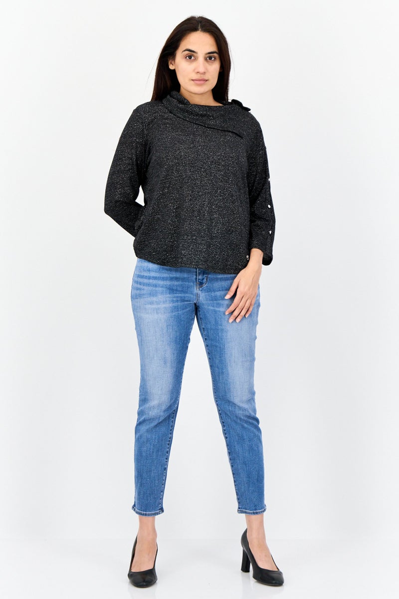 ADRIENNE VITTADINI Women Cowl Neck Long Sleeves Metallic Top, Black - Image 3