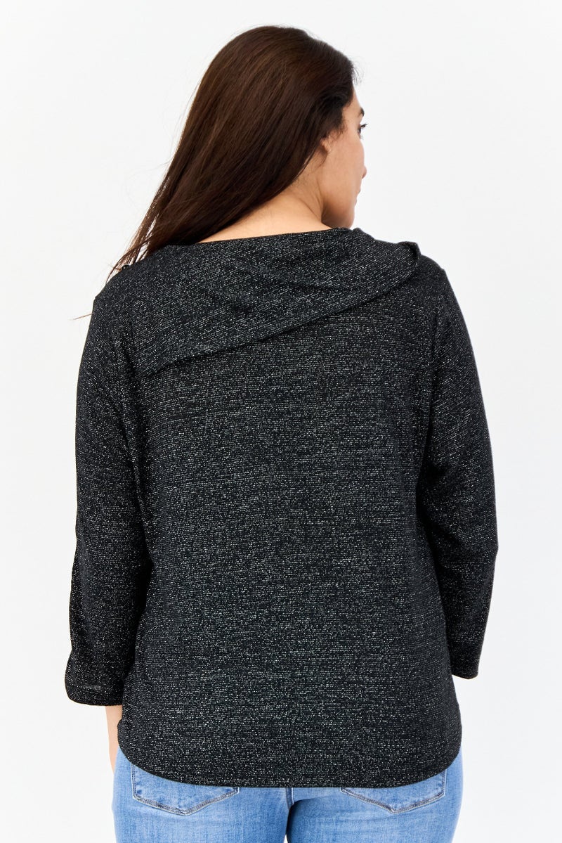 ADRIENNE VITTADINI Women Cowl Neck Long Sleeves Metallic Top, Black - Image 4