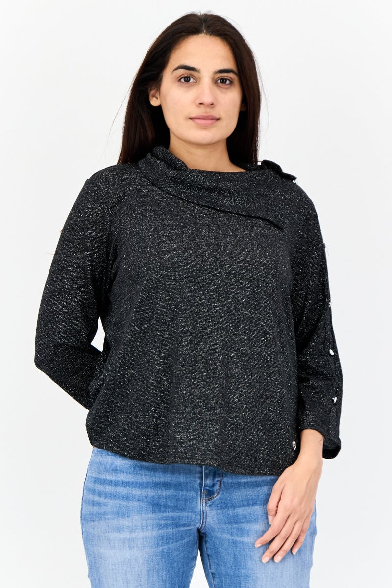 ADRIENNE VITTADINI Women Cowl Neck Long Sleeves Metallic Top, Black - Image 1