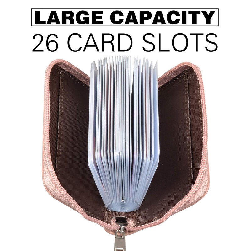 Easyoulife Genuine Leather Credit Card Holder Zipper Wallet With 26 Card Slots (Bean Pink) - Image 2