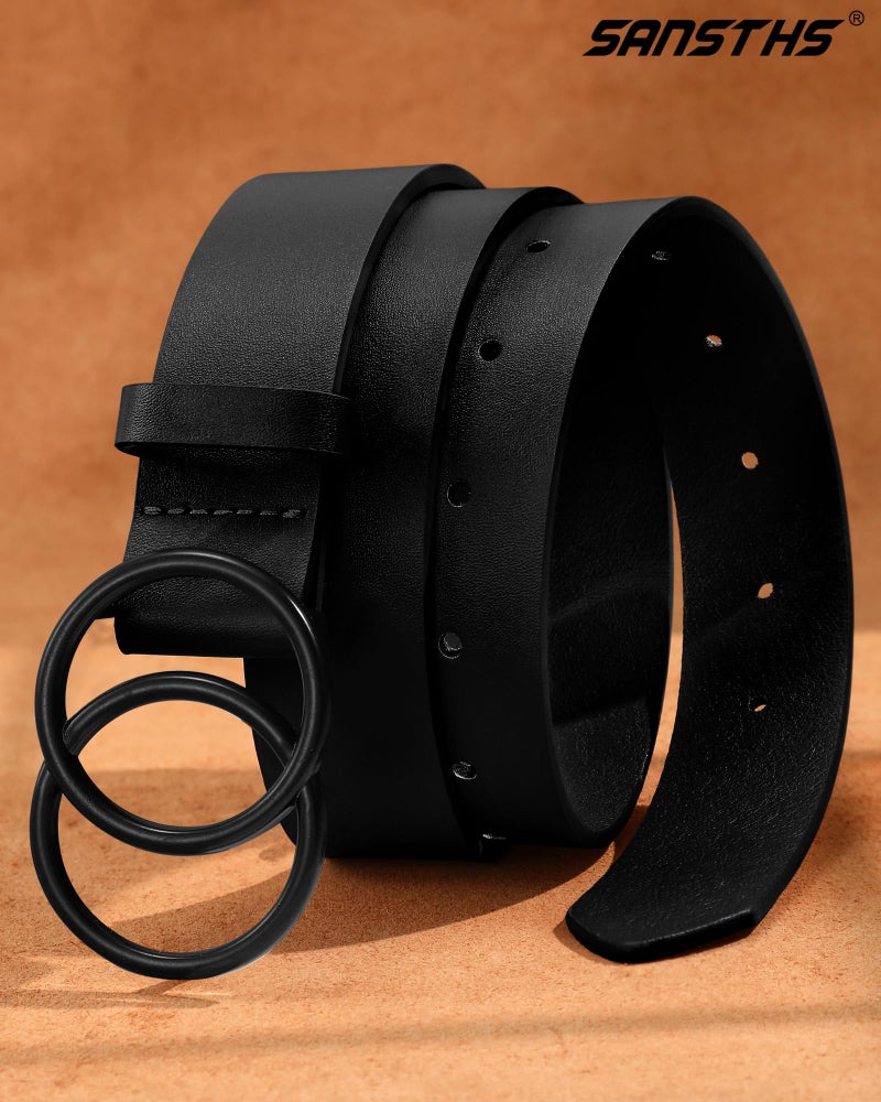 SANSTHS Womens Leather Belt for Jeans Pants Fashion Waist Belts Black Double Ring Buckle,BLACK,M - Image 3