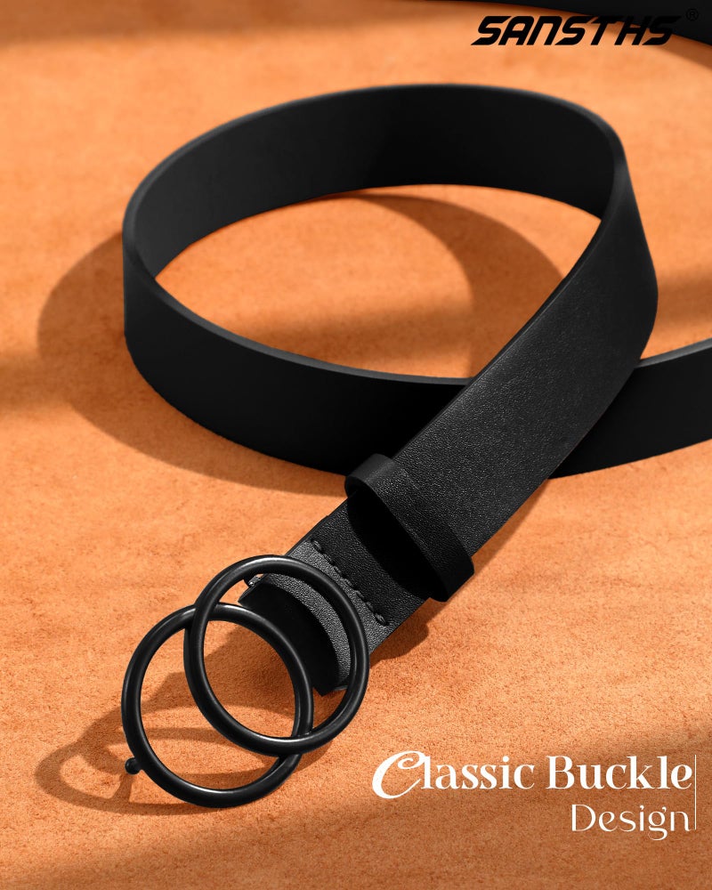 SANSTHS Womens Leather Belt for Jeans Pants Fashion Waist Belts Black Double Ring Buckle,BLACK,M - Image 2