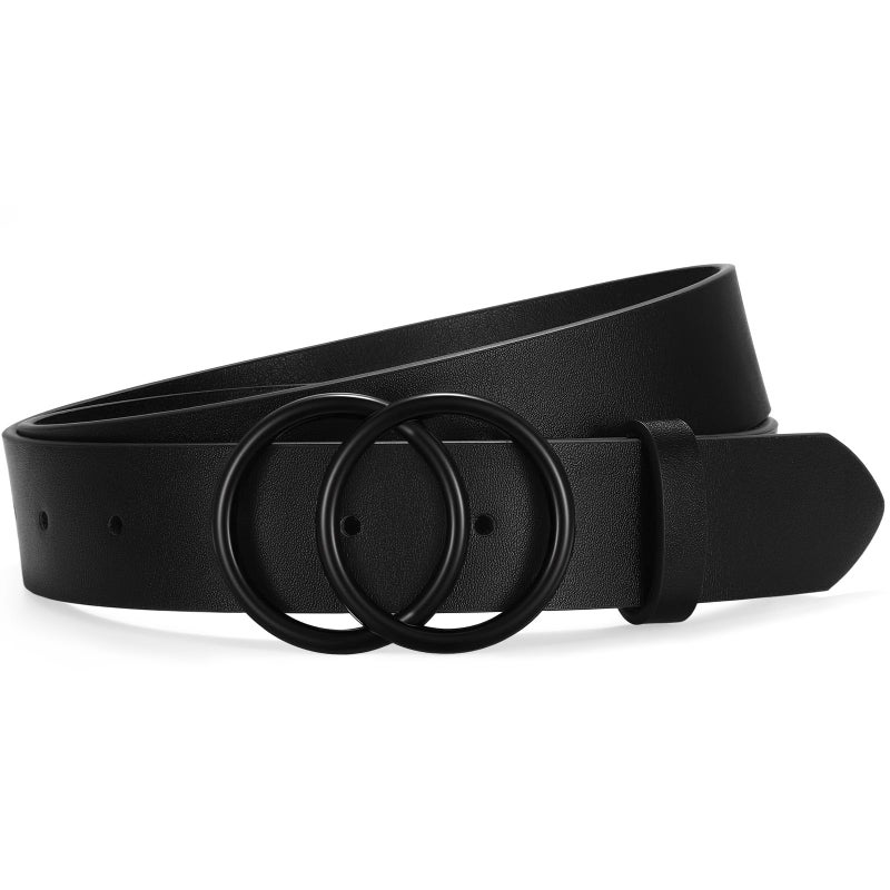 SANSTHS Womens Leather Belt for Jeans Pants Fashion Waist Belts Black Double Ring Buckle,BLACK,M - Image 1