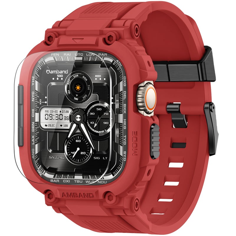 amBand Bands Case Screen Protector Compatible with Apple Watch Ultra 3/2/1 49mm, M1 Sport Series Rugged Cover Strap and 9H Tempered Glass Film, Protective Bumper for iWatch 49 mm Men - Mars Red - Image 1