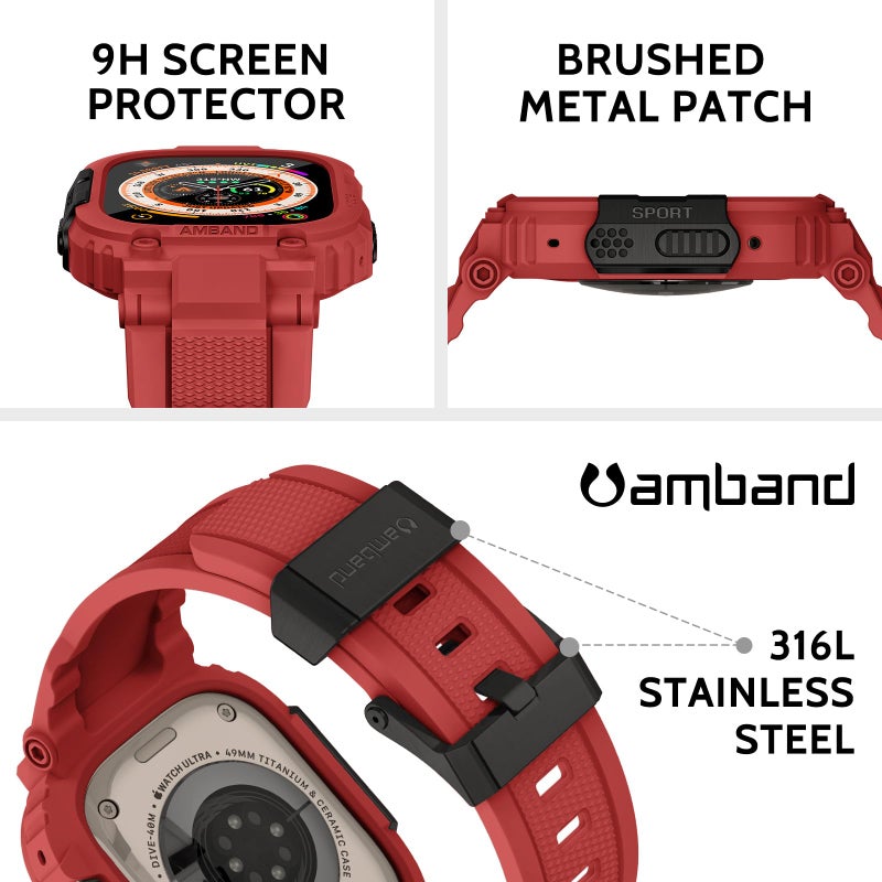 amBand Bands Case Screen Protector Compatible with Apple Watch Ultra 3/2/1 49mm, M1 Sport Series Rugged Cover Strap and 9H Tempered Glass Film, Protective Bumper for iWatch 49 mm Men - Mars Red - Image 3
