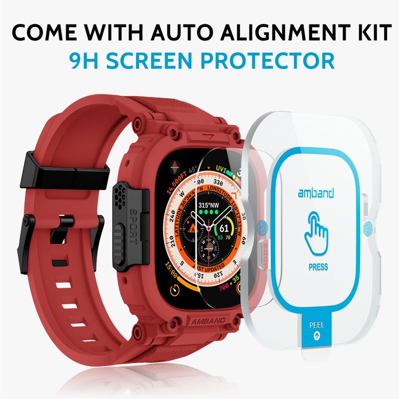 amBand Bands Case Screen Protector Compatible with Apple Watch Ultra 3/2/1 49mm, M1 Sport Series Rugged Cover Strap and 9H Tempered Glass Film, Protective Bumper for iWatch 49 mm Men - Mars Red - Image 2