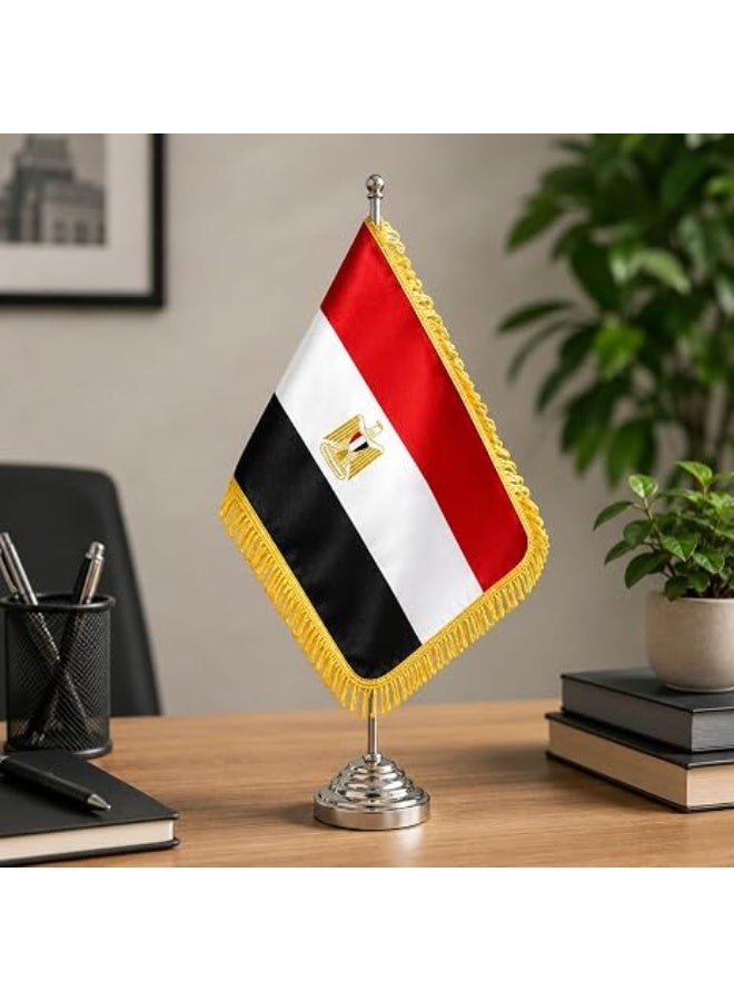 Egypt Desktop Table Flag Gold Felt 18 x 29 cm With 40 cm Metal Pole And Weighted Base Premium National Desk Banner Decorative Office Home Conference Display (SILVER) - Image 1