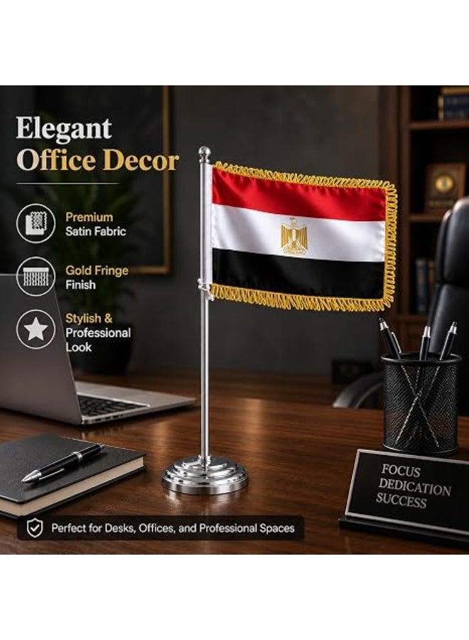 Egypt Desktop Table Flag Gold Felt 18 x 29 cm With 40 cm Metal Pole And Weighted Base Premium National Desk Banner Decorative Office Home Conference Display (SILVER) - Image 3