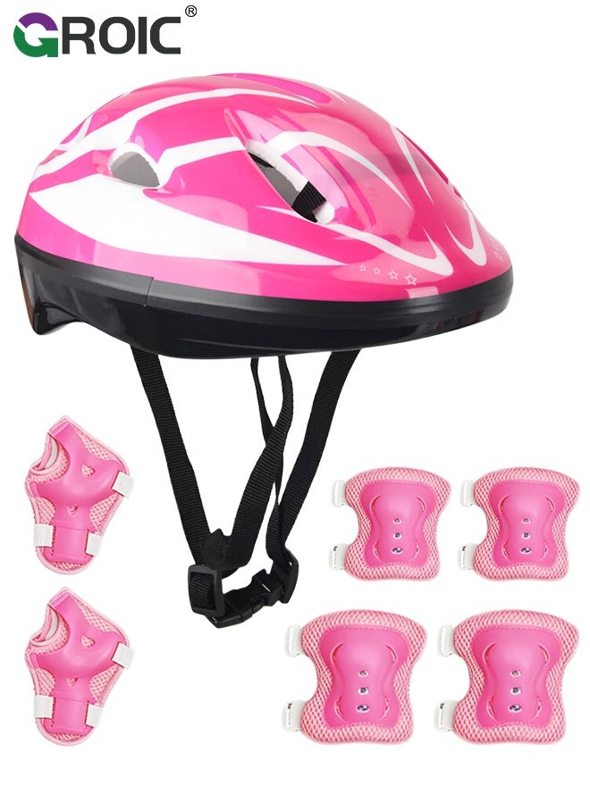 GROIC Kids Protective Gear Adjustable Protective Helmet,Kids Helmet Knee Elbow Pads Wrist Guard Sport Protective Gear Adjustable Scooter Skateboard Roller Bike Skate Cycling Safety Set(Pink) - Image 1