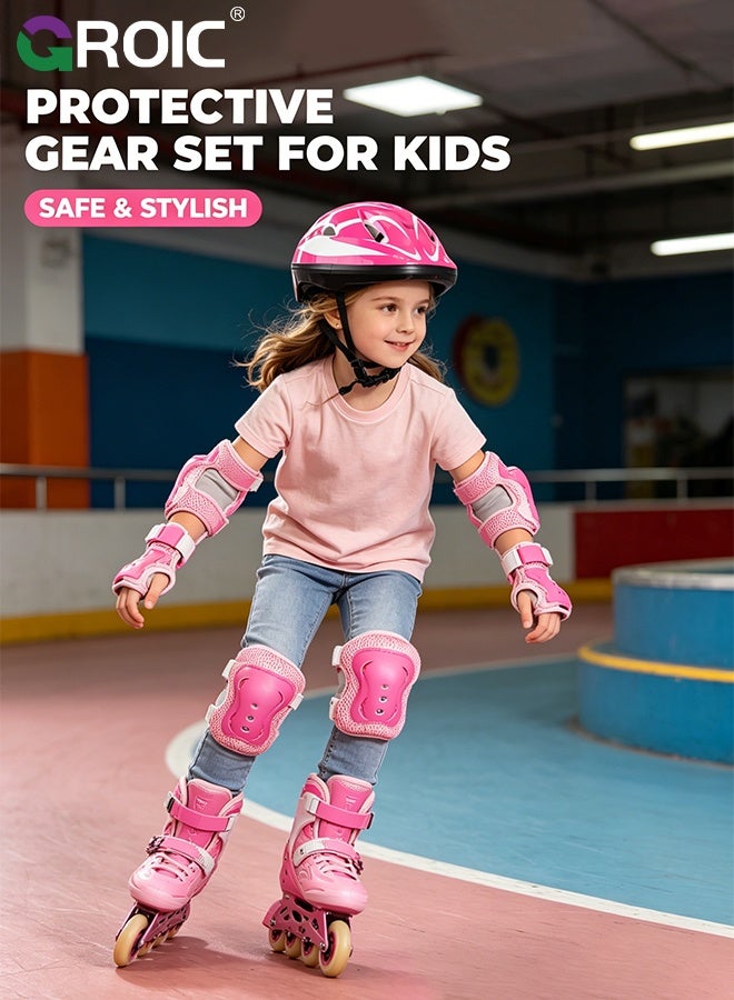 GROIC Kids Protective Gear Adjustable Protective Helmet,Kids Helmet Knee Elbow Pads Wrist Guard Sport Protective Gear Adjustable Scooter Skateboard Roller Bike Skate Cycling Safety Set(Pink) - Image 2