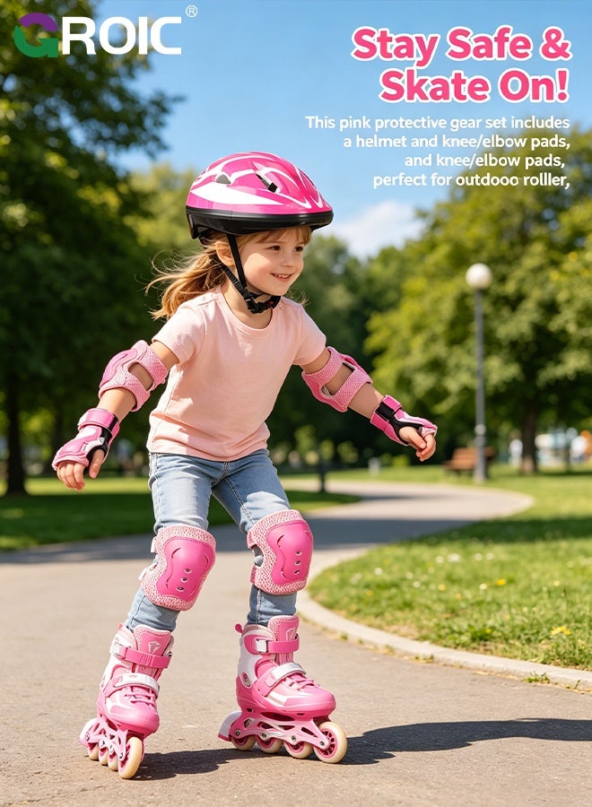 GROIC Kids Protective Gear Adjustable Protective Helmet,Kids Helmet Knee Elbow Pads Wrist Guard Sport Protective Gear Adjustable Scooter Skateboard Roller Bike Skate Cycling Safety Set(Pink) - Image 4