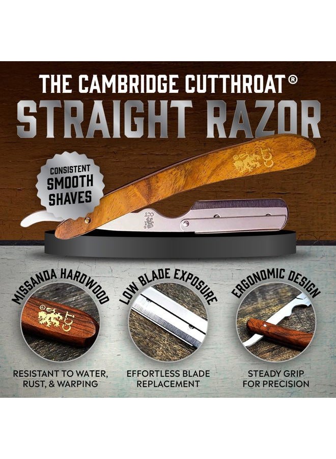 The Cambridge Cutthroat ® مجموعة ماكينة حلاقة ذات حافة مستقيمة مع 10 شفرات من Missanda من الخشب الصلب والفولاذ المقاوم للصدأ، ماكينة حلاقة احترافية للرجال بشفرة واحدة، ماكينة حلاقة الشارب واللحية - Image 5