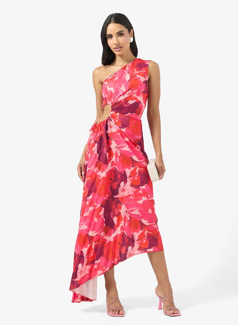 جينجر فستان بكتف واحد مزين بطيات وزهور ضبابية - Image 4