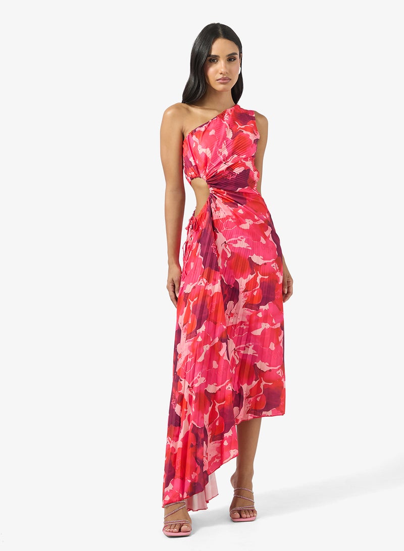 جينجر فستان بكتف واحد مزين بطيات وزهور ضبابية - Image 1