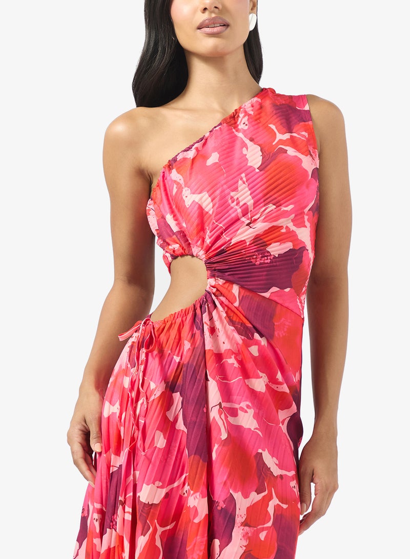 جينجر فستان بكتف واحد مزين بطيات وزهور ضبابية - Image 3