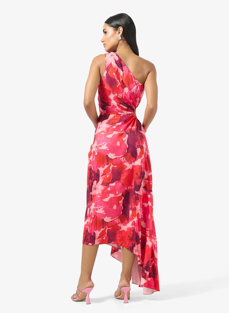 جينجر فستان بكتف واحد مزين بطيات وزهور ضبابية - Image 2