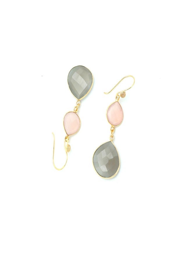 Dua Pink Chalcedony & Grey Moonstone Earrings - Handmade 12mm & 18mm Heart Cut Gemstone Earrings - Image 4