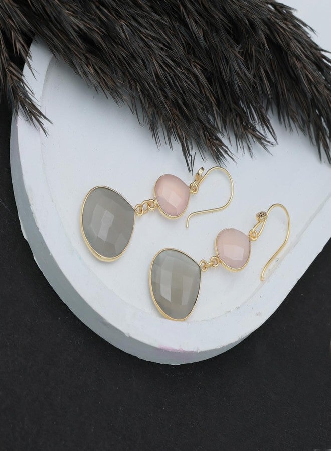 Dua Pink Chalcedony & Grey Moonstone Earrings - Handmade 12mm & 18mm Heart Cut Gemstone Earrings - Image 2
