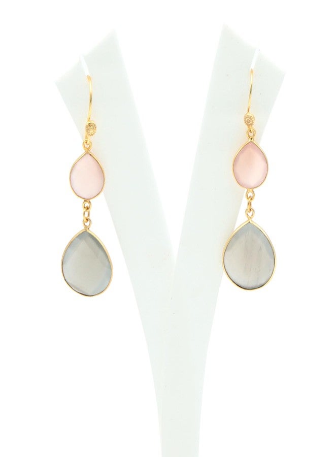 Dua Pink Chalcedony & Grey Moonstone Earrings - Handmade 12mm & 18mm Heart Cut Gemstone Earrings - Image 3