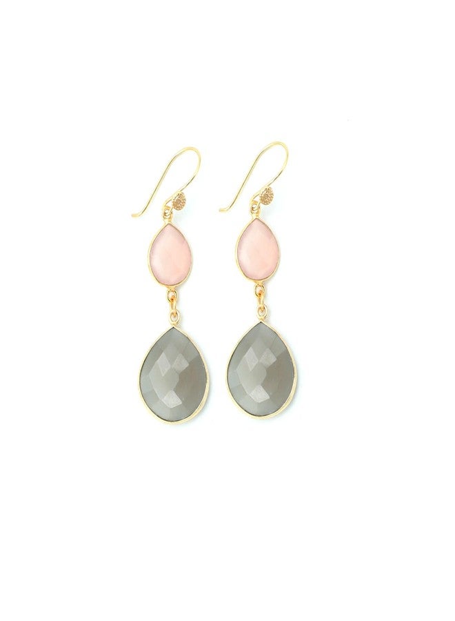 Dua Pink Chalcedony & Grey Moonstone Earrings - Handmade 12mm & 18mm Heart Cut Gemstone Earrings - Image 1