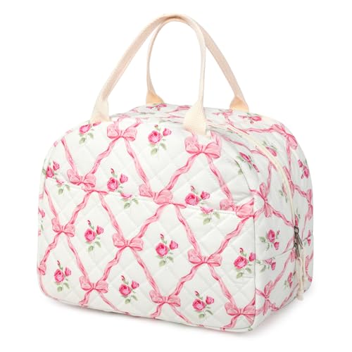 Aileam Lunch Box for Women Quilted Insulated Lunch Bag Tote Cute Reusable Floral Cotton Lunch Box Large Capacity Lunch Bag for Work Picnic Travel Aesthetic Coquette Style - Image 1