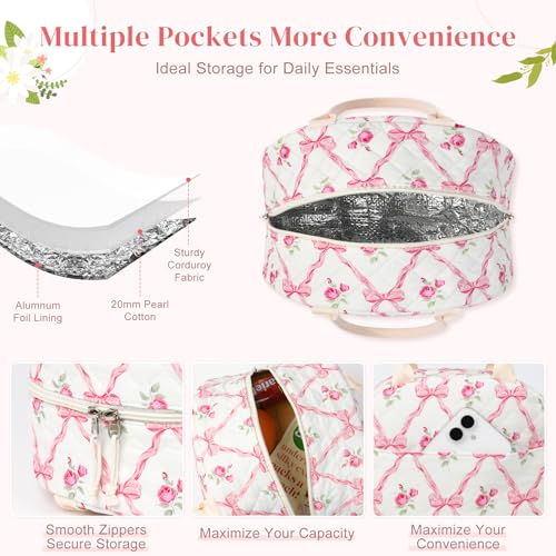 Aileam Lunch Box for Women Quilted Insulated Lunch Bag Tote Cute Reusable Floral Cotton Lunch Box Large Capacity Lunch Bag for Work Picnic Travel Aesthetic Coquette Style - Image 4