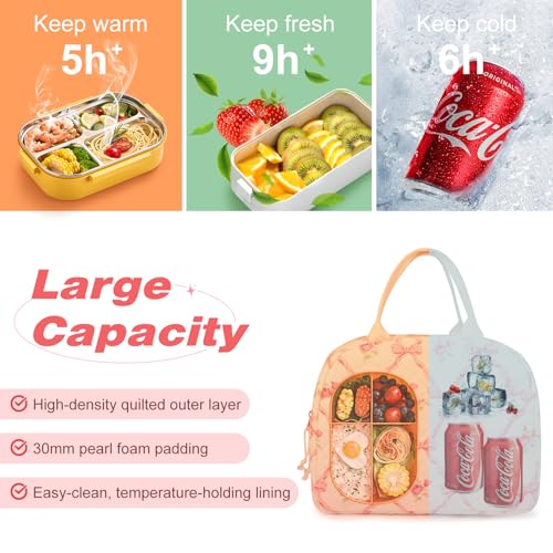 Aileam Lunch Box for Women Quilted Insulated Lunch Bag Tote Cute Reusable Floral Cotton Lunch Box Large Capacity Lunch Bag for Work Picnic Travel Aesthetic Coquette Style - Image 5