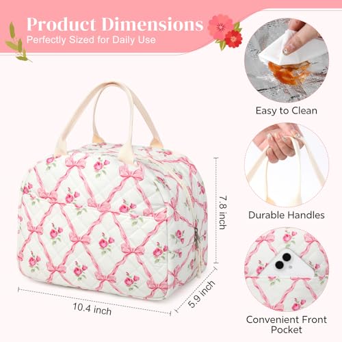 Aileam Lunch Box for Women Quilted Insulated Lunch Bag Tote Cute Reusable Floral Cotton Lunch Box Large Capacity Lunch Bag for Work Picnic Travel Aesthetic Coquette Style - Image 3