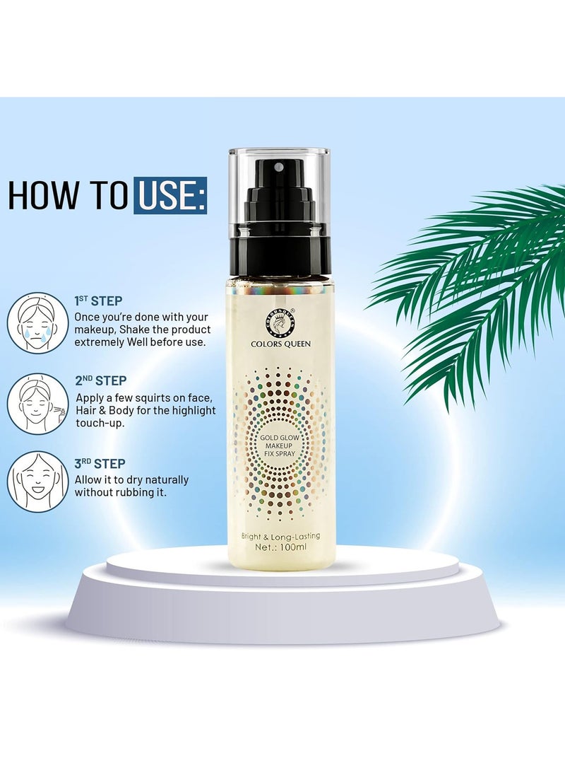 COLORS QUEEN - gold glow makeup fixer spray 100ml long lasting setting spray for face lightweight non greasy infused with aloe vera extracts - Image 1