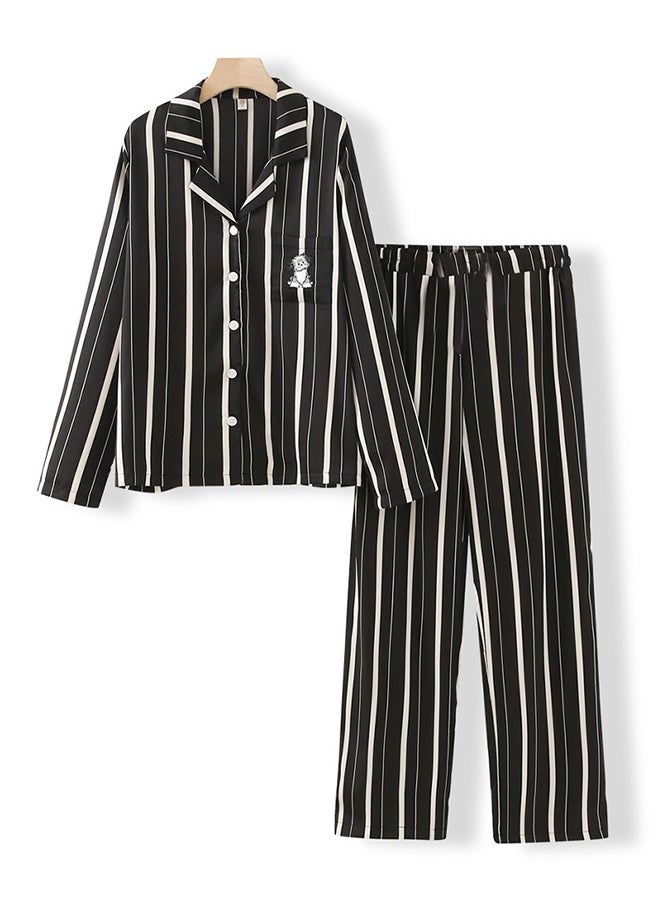 MARGOUN (Medium Size) Women’s Striped Pajama Set – Long Sleeve Button-Down Shirt and Long Pants Nightwear – Soft Silk-Feel Loungewear with Cute Cat Motif – 2-Piece Sleepwear Set - Black - Image 2