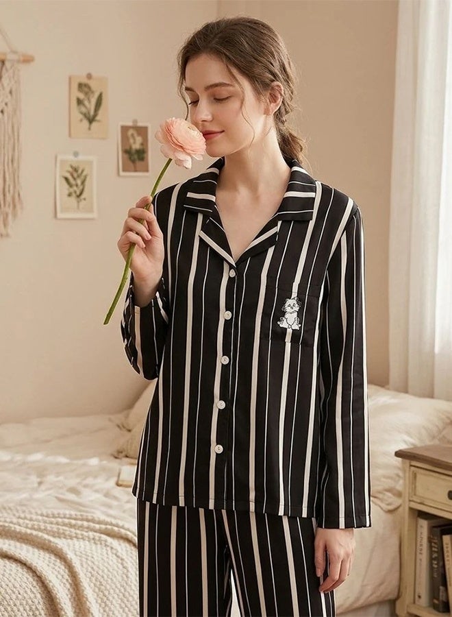 MARGOUN (Medium Size) Women’s Striped Pajama Set – Long Sleeve Button-Down Shirt and Long Pants Nightwear – Soft Silk-Feel Loungewear with Cute Cat Motif – 2-Piece Sleepwear Set - Black - Image 4