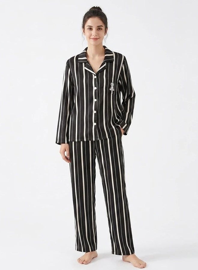 MARGOUN (Medium Size) Women’s Striped Pajama Set – Long Sleeve Button-Down Shirt and Long Pants Nightwear – Soft Silk-Feel Loungewear with Cute Cat Motif – 2-Piece Sleepwear Set - Black - Image 3