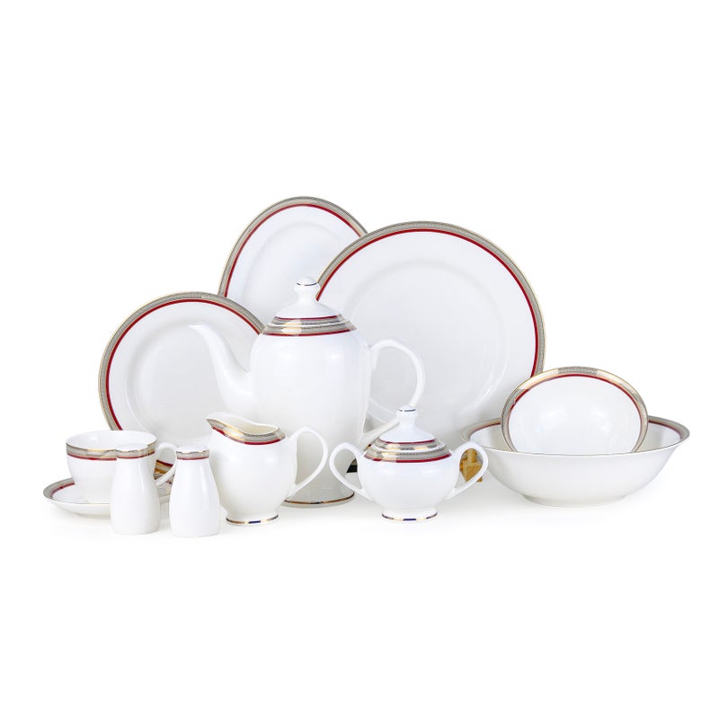 Shallow LUMA 47Pc Bone China Dinnerware Set, White & Red, Gold Rim | Premium Dinner Set with Plates, Bowls,Cups,Teapot & for Everyday Dining, Family Meals, Hosting & Festive Use - Image 1