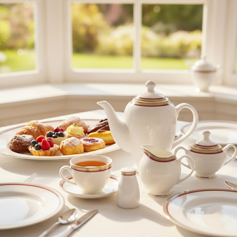 Shallow LUMA 47Pc Bone China Dinnerware Set, White & Red, Gold Rim | Premium Dinner Set with Plates, Bowls,Cups,Teapot & for Everyday Dining, Family Meals, Hosting & Festive Use - Image 3