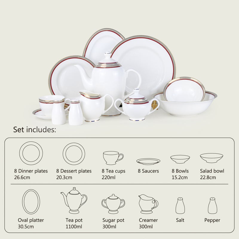 Shallow LUMA 47Pc Bone China Dinnerware Set, White & Red, Gold Rim | Premium Dinner Set with Plates, Bowls,Cups,Teapot & for Everyday Dining, Family Meals, Hosting & Festive Use - Image 5