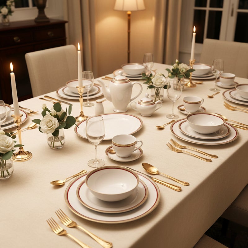 Shallow LUMA 47Pc Bone China Dinnerware Set, White & Red, Gold Rim | Premium Dinner Set with Plates, Bowls,Cups,Teapot & for Everyday Dining, Family Meals, Hosting & Festive Use - Image 4