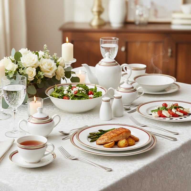 Shallow LUMA 47Pc Bone China Dinnerware Set, White & Red, Gold Rim | Premium Dinner Set with Plates, Bowls,Cups,Teapot & for Everyday Dining, Family Meals, Hosting & Festive Use - Image 2