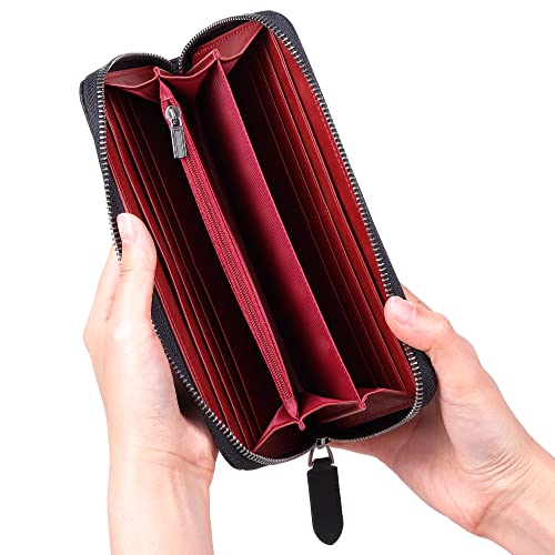 VISOUL Leather Long Zippered Pouch Wallet for Men with RFID Blocking Two-tone, Large Carbon Fiber Leather Clutch Cash Long Wallet with Zipper (Black+Burgundy) - Image 2