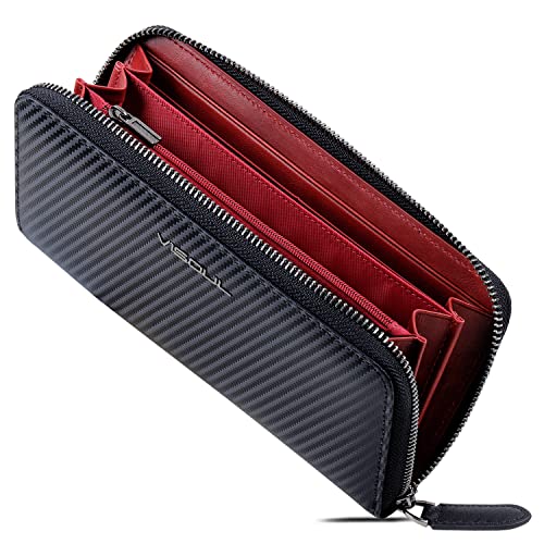 VISOUL Leather Long Zippered Pouch Wallet for Men with RFID Blocking Two-tone, Large Carbon Fiber Leather Clutch Cash Long Wallet with Zipper (Black+Burgundy) - Image 1