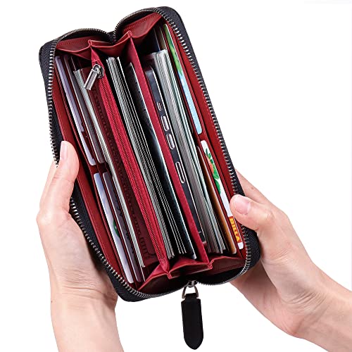 VISOUL Leather Long Zippered Pouch Wallet for Men with RFID Blocking Two-tone, Large Carbon Fiber Leather Clutch Cash Long Wallet with Zipper (Black+Burgundy) - Image 3